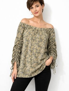 Yellow Floral Stretchy Long Ruched Sleeve Office Top Women's L Packable Career